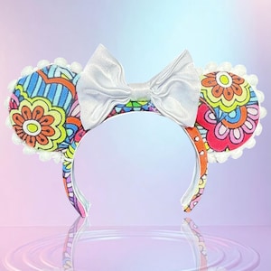 Flower Groove Mini Minnie Ears for Labubu – Groovy 70s style Doll Headband, Handmade Disney-Inspired Accessory