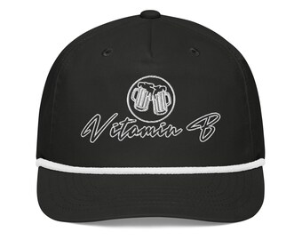 May include: Black baseball cap with a white brim and white embroidered text that reads "Vitamin B" with a graphic of two beer mugs.