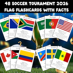 Può includere: Una collezione di 48 flashcard con bandiere del torneo di calcio 2026 con fatti. Ogni carta mostra la bandiera di una nazione, la capitale, la popolazione e un fatto divertente sul calcio. Le carte sono disposte attorno a un trofeo d'oro.