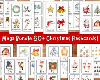 May include: A collection of printable Christmas flashcards featuring watercolour illustrations of holiday icons like a wreath, gingerbread man, candy cane, star, bells, Santa, and numbers. The text Mega Bundle 60+ Christmas Flashcards is displayed.