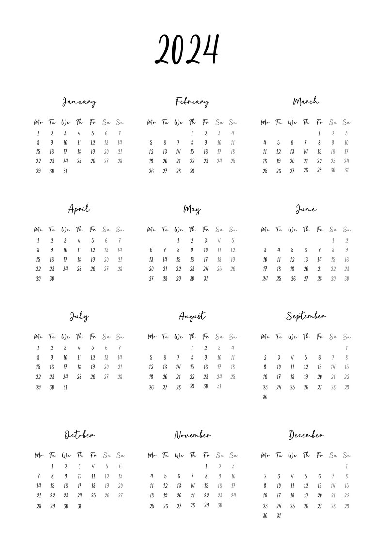 2024 Year Calendar on One Page, Year in a Glance Printable Digital