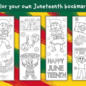 Pode incluir: Quatro marcadores de página imprimíveis em preto e branco com temas do Juneteenth. Os marcadores de página apresentam ilustrações de pessoas, uma pomba, uma bandeira, fogos de artifício, algemas e uma faixa que diz "Happy Juneteenth".