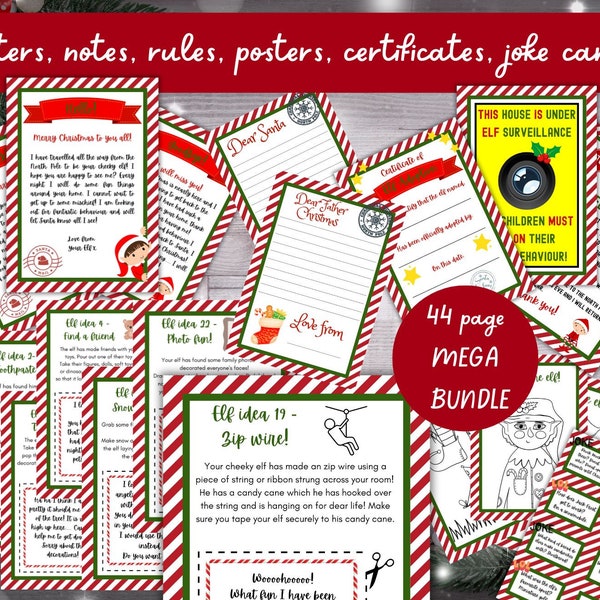 Mega Bundle of Christmas Elf Ideas, 44 pages of arrival/goodbye letters, notes, ideas, jokes, coloring. Elf ideas made easy! Elf kit