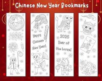 Chinese New Year 2026 Coloring Bookmarks, Color your own bookmarks, bookmark printable for kids Lunar New Year, Year of the Horse