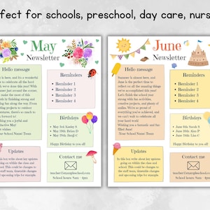 May include: Two colorful newsletters for May and June, designed for schools and preschools. The May newsletter features floral accents, a bee, and a butterfly, while the June newsletter includes a sun, sandcastle, and starfish. Each newsletter includes reminders, birthdays, updates, and contact information.
