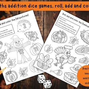 Thanksgiving Maths Addition Dice Game! Fall/Autumn, printable maths game, kids Thanksgiving coloring, coloring page