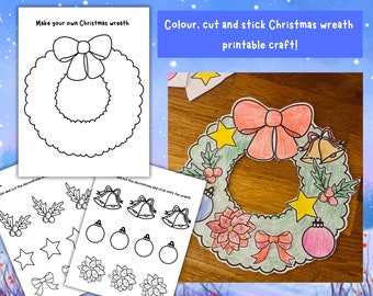 May include: A printable Christmas wreath craft set featuring black and white line art pages with a wreath, bows, bells, stars, ornaments, and holly. A finished, coloured-in paper wreath with attached decorations is also displayed.