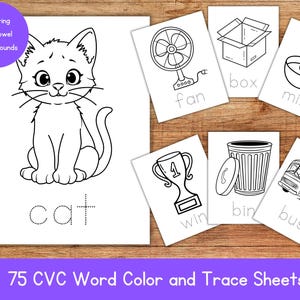 May include: A collection of educational CVC word color and trace sheets. The image features a large drawing of a cat, with the word "cat" below it. Other cards show a fan, box, mix, trophy, bin, and bus. The text "Featuring all 5 vowel middle sounds" is also present.