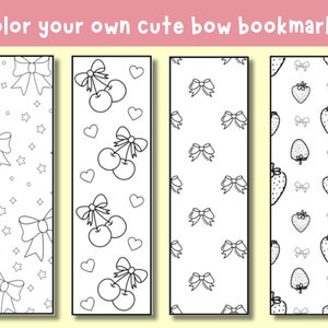 May include: Four printable bookmark designs featuring cute bows, cherries, strawberries, and stars.  Color your own cute bow bookmarks!