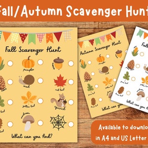 Fall Autumn Scavenger Hunt Printable Download, Fall party games printable, Cute Fall printable scavenger hunt for kids outdoors or indoors