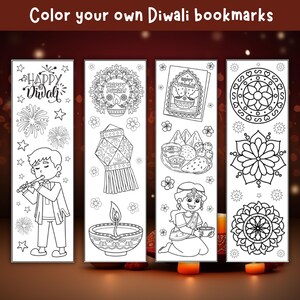Marcadores para colorear de Diwali, colorea tus propios marcadores, marcadores imprimibles para niños, páginas para colorear de Diwali, manualidades de Diwali, actividades de Diwali para niños