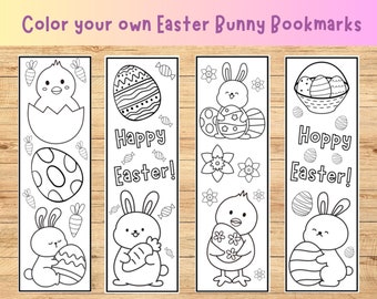 Printable Easter Coloring Bookmarks, Color your own bookmarks, Bunny bookmark printable for kids, Easter coloring pages Easter kids activity