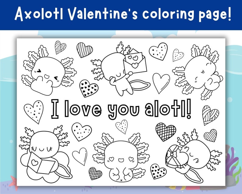 Printable Axolotl Coloring Page, Valentine's Printable for Kids and ...