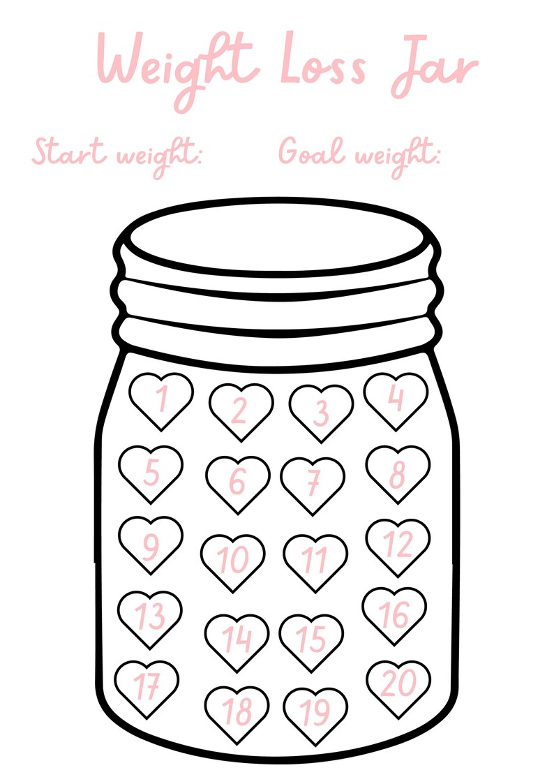 20 Hearts Weight Loss Weekly Jar Coloring Tracker 20 Pounds/kg ...