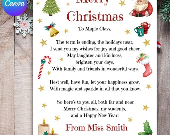 Editable Christmas Letter for Student Christmas Poem to Pupils from Teacher, Personalised Gift for student Editable Printable Canva Template