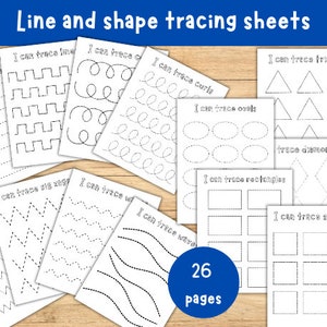 May include: A set of 26 printable tracing worksheets for children. The worksheets feature various shapes, including lines, zigzags, waves, curls, ovals, rectangles, squares, triangles, and diamonds. Each worksheet has the text "I can trace" followed by the name of the shape.