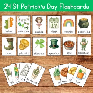 Op de afbeelding: Een set van 24 St. Patrick's Day flashcards met aquarel illustraties. Kaarten tonen afbeeldingen van Ierland, klavers, gouden munten, een leprechaun en andere feest gerelateerde items. De tekst "24 St Patrick's Day Flashcards" staat bovenaan.