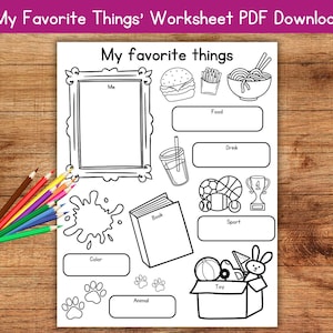 May include: A black and white printable worksheet with the title "My Favourite Things". The worksheet has spaces for children to draw or write their favourite things, including a picture of themselves, food, drink, book, sport, animal, colour, and toy.