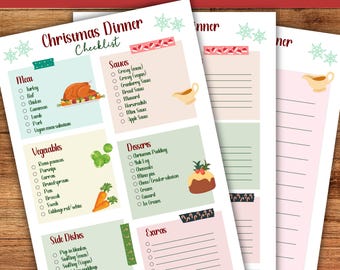 Può includere: Tre fogli con una lista di controllo della cena di Natale britannica. Il foglio superiore recita "British Christmas Dinner Checklist" e "Christmas Dinner Checklist". La lista di controllo include sezioni per carne, verdure, salse, dessert, contorni ed extra.