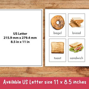 May include: Printable flashcards featuring four different types of bread: a bagel, a slice of bread, toast, and a sandwich. The flashcards are designed for US Letter size paper, measuring 8.5 inches by 11 inches.