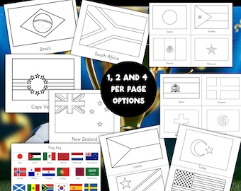 48 banderas de países del mundo, paquete de páginas para colorear de fútbol, paquete de actividades de geografía internacional de fútbol en PDF imprimible, banderas del mundo para niños