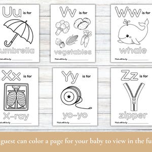 Pode incluir: P&aacute;ginas para colorir do alfabeto em preto e branco para crian&ccedil;as. Cada p&aacute;gina apresenta uma letra do alfabeto, uma palavra correspondente e uma ilustra&ccedil;&atilde;o. As letras s&atilde;o U, V, W, X, Y e Z. As palavras s&atilde;o guarda-chuva, vegetais, baleia, raio-x, ioi&ocirc; e z&iacute;per.
