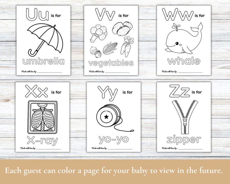 Pode incluir: P&aacute;ginas para colorir do alfabeto em preto e branco para crian&ccedil;as. Cada p&aacute;gina apresenta uma letra do alfabeto, uma palavra correspondente e uma ilustra&ccedil;&atilde;o. As letras s&atilde;o U, V, W, X, Y e Z. As palavras s&atilde;o guarda-chuva, vegetais, baleia, raio-x, ioi&ocirc; e z&iacute;per.