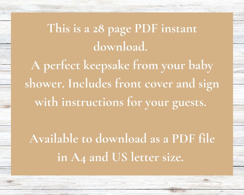 Pode incluir: Um an&uacute;ncio de download digital bege para um lembrete de ch&aacute; de beb&ecirc; PDF de 28 p&aacute;ginas. O texto diz: "Este &eacute; um arquivo PDF instant&acirc;neo de 28 p&aacute;ginas. Uma lembran&ccedil;a perfeita do seu ch&aacute; de beb&ecirc;. Inclui capa frontal e placa com instru&ccedil;&otilde;es para seus convidados. Dispon&iacute;vel para download como arquivo PDF em tamanho A4 e carta dos EUA."