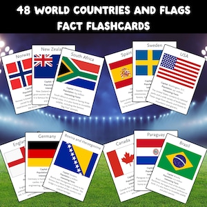 May include: A set of 48 world countries and flags fact flashcards featuring colourful national flags and printed educational information including capital cities, population data, and interesting facts for various nations across the globe.