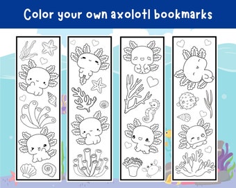 Axolotl Lesezeichen zum Ausdrucken, Malseiten, Malseite für Erwachsene, Lesezeichen zum Ausmalen, Malvorlagen für Kinder