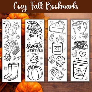May include: Four rectangular bookmarks with black and white line art designs. The illustrations feature a squirrel, mittens, boots, a scarf, a pumpkin, a slice of pie, a candle, a muffin, a chocolate bar, and a coffee cup with the text "sweater weather" and "cozy vibes".