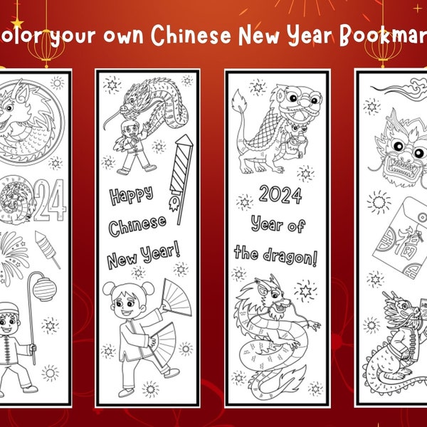 Chinese New Year Coloring Bookmarks, Color your own bookmarks, bookmark printable for kids Lunar New Year, Year of the Dragon