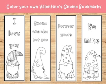 Printable Valentine's Gnome Coloring Bookmarks, Color your own bookmarks, bookmark printable for kids/adults, Valentine's coloring pages