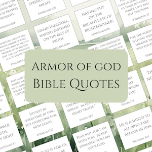 May include: A collection of white cards with Bible verses, arranged on a green and white background. The central card reads "Armor of God Bible Quotes." The cards feature various scripture references.