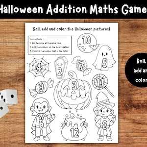 Kids Halloween Maths Games, Addition Dice Game, Printable Kids Halloween Games, Kids Halloween Educational Activity, Pre-k Kindergarten