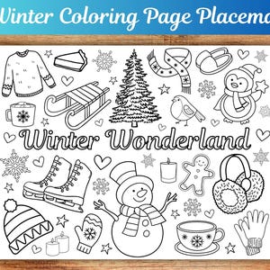 Könnte beinhalten: Schwarz-weißes Malbuch-Platzset mit einem Winterwunderland-Motiv mit Illustrationen von einem Schneemann, einem Pinguin, einem Lebkuchenmann, einem Weihnachtsbaum, Schlittschuhen, einem Schlitten, einer Tasse heißer Schokolade, Fäustlingen, Ohrenschützern, einem Schal, einer Kerze und einer Tasse Kaffee. Der Text "Winter Wonderland" ist in einer dekorativen Schrift geschrieben.