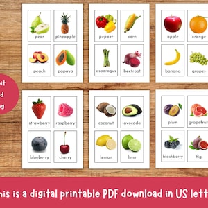 May include: A printable set of flashcards featuring colorful illustrations of fruits and vegetables. The cards are labeled with the name of each fruit or vegetable, such as pear, pineapple, pepper, corn, apple, orange, peach, papaya, asparagus, beetroot, banana, grapes, strawberry, raspberry, coconut, avocado, plum, grapefruit, blueberry, cherry, lemon, lime, blackberry, and fig.