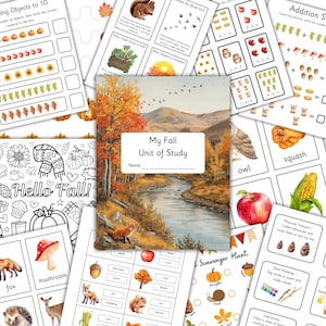 May include: A collection of educational worksheets titled My Fall Unit of Study, featuring a central cover page with a river landscape, surrounded by activity sheets with counting exercises, coloring pages, and vocabulary cards with autumn themes.