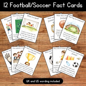 May include: A collection of 12 football/soccer fact cards, featuring illustrations and text, displayed on a wooden surface. The cards explain various aspects of the game. Includes UK and US wording.