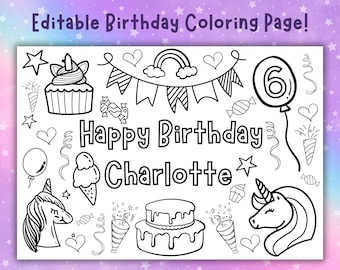 Personalised Editable Unicorn Birthday Coloring in Placemat Printable Digital download, Kids Printable Birthday Activity, Girls Doodle Birth