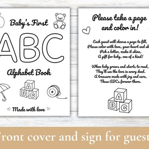 Pode incluir: Um cartaz de ch&aacute; de beb&ecirc; imprim&iacute;vel em preto e branco com o texto "Por favor, pegue uma p&aacute;gina e pinte!" e um poema sobre colorir um livro de alfabeto para um beb&ecirc;. O cartaz tamb&eacute;m inclui uma ilustra&ccedil;&atilde;o em preto e branco de um bloco com a letra A.