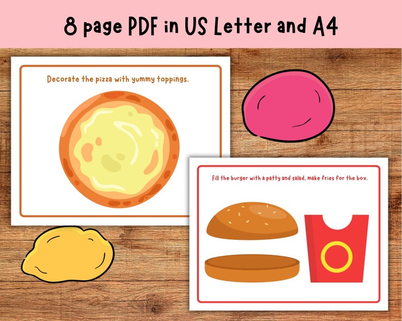 May include: A printable worksheet with two food-themed activities. The first activity shows a pizza with a blank crust and the text "Decorate the pizza with yummy toppings." The second activity shows a burger bun, a patty, a salad, and a box of fries with the text "Fill the burger with a patty and salad, make fries for the box."