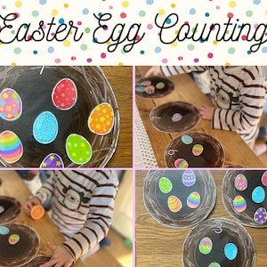 May include: A child is playing an Easter egg counting game. There are five colorful paper plates with brown paper nest designs. Each plate has a number and a different number of colorful Easter eggs.