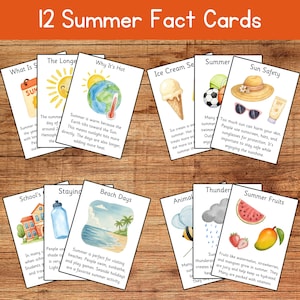 May include: A collection of 12 Summer Fact Cards displayed on a wooden surface. Each card features illustrations and text about summer topics, including sun safety and ice cream. The title "12 Summer Fact Cards" is at the top.