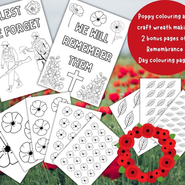 Remembrance Day Craft and Colouring Activity Pages, Kids Printable, Poppy Day Printable, Wreath Making Craft, Kids Craft Printable Nov 11th