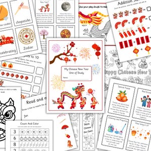 May include: A collection of printable worksheets and activities for Chinese New Year. Includes coloring pages, counting exercises, and information cards about traditions, zodiac animals, and special foods. The cover reads "My Chinese New Year Unit of Study."