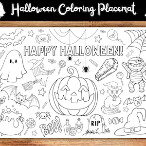 Puede incluir: Página para colorear en blanco y negro con una variedad de ilustraciones de temática de Halloween, que incluyen un fantasma, una bruja, una calabaza, una momia, un gato, un caldero y caramelos. El texto "Happy Halloween!" está escrito en la parte superior de la página.