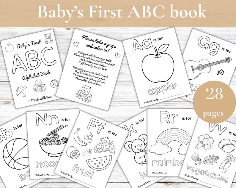 Pode incluir: Um livro de alfabeto imprim&iacute;vel em preto e branco para beb&eacute;s com 28 p&aacute;ginas. Cada p&aacute;gina apresenta uma letra do alfabeto, uma ilustra&ccedil;&atilde;o e a palavra correspondente &agrave; ilustra&ccedil;&atilde;o. O livro &eacute; concebido para colorir.