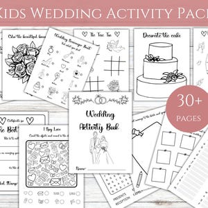 May include: A collection of black and white wedding-themed activity pages for children. The pack includes coloring pages, games like Tic-Tac-Toe, scavenger hunts, and a wedding activity book. The cover reads "Kids Wedding Activity Pack" and "30+ Pages".