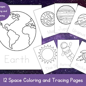 May include: A collection of 12 space-themed coloring and tracing pages. The pages feature line drawings of Earth, planets, the sun, an astronaut, and a rocket. The text on the pages includes "Earth", "Mars", "Jupiter", "Uranus", "The Sun", "Astronaut", and "Rocket".